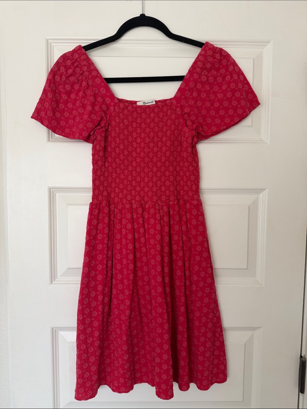 Madewell Cotton Red Eyelet Lucie Smocked Mini Dress